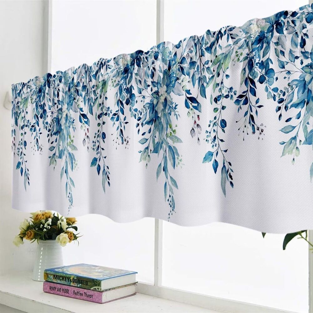 (1) Single 52"W x 18"L Blue Eucalyptus Leaves Window Valance
